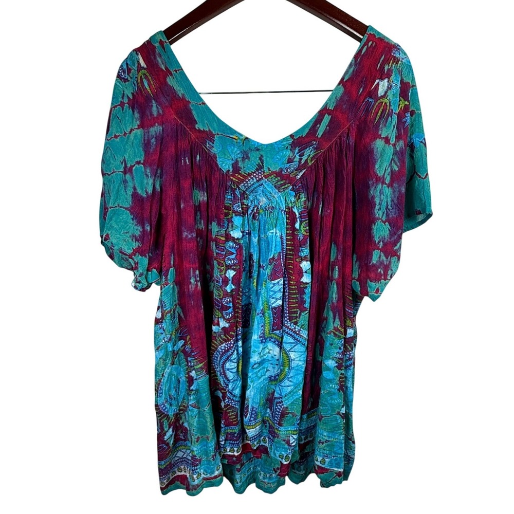 GreaterGood Women 2XL Tie Dye Boho Tunic Top Turquoise Burgundy Viscose V-Neck